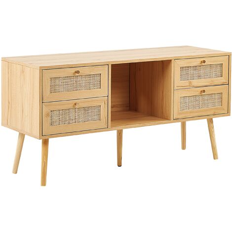Mueble TV de ratán madera clara dorado 120 x 40 cm 4 cajones boho Perote