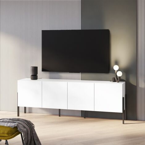 Mueble TV diseño minimalista moderno blanco con 4 puertas 200x40x69cm Gardon