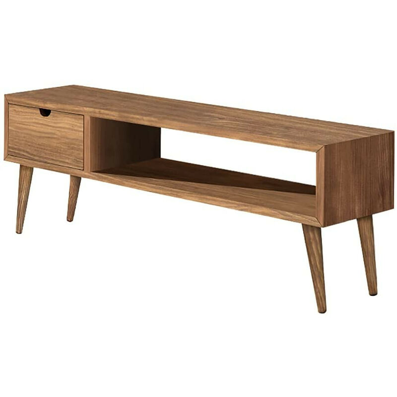 

Mueble tv diseno vintage, con un cajon y un estante, madera maciza natural