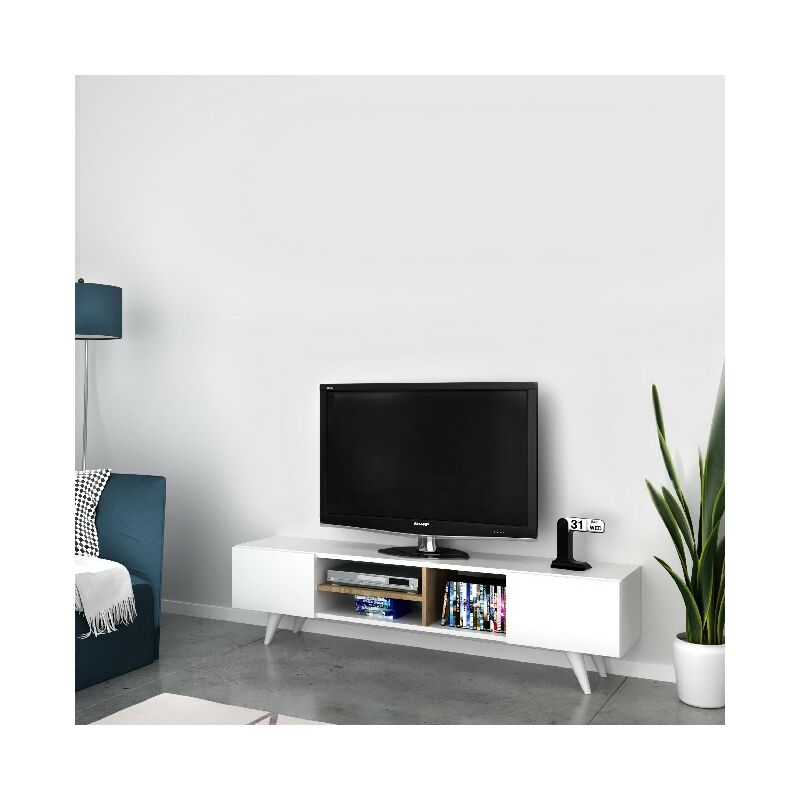 

Mueble TV Dore Moderno - con Puertas, Compartimientos - para Salon - Blanco, Nogal en Madera, 160 x 29,7 x 40,6 cm