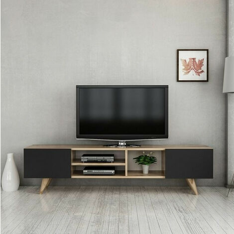 Mueble TV Yoana 160 x 40, chapa de roble y metal negro.