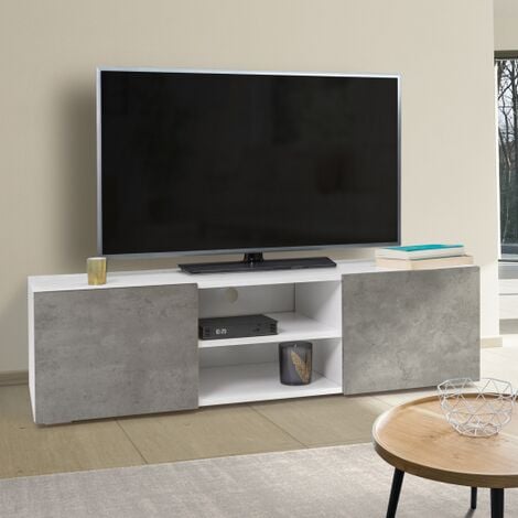 IDMARKET Mueble TV ELI blanco con puertas efecto hormigón 113 cm