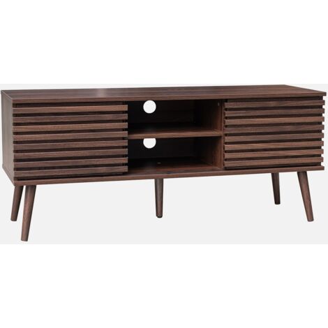 Mueble TV escandinavo 2 puertas con decoración madera acanalada, 120cm