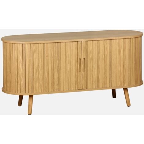 SWEEEK Mueble TV escandinavo con 2 puertas correderas acanaladas efecto madera, 120cm