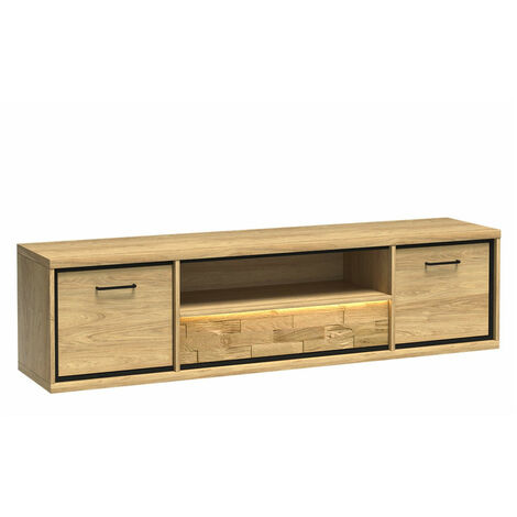 Mueble TV Etrmoni 111, Luminoso madera + Roble, Número de puertas: 2, Número de cajones: 1, 181x48x41cm, LED