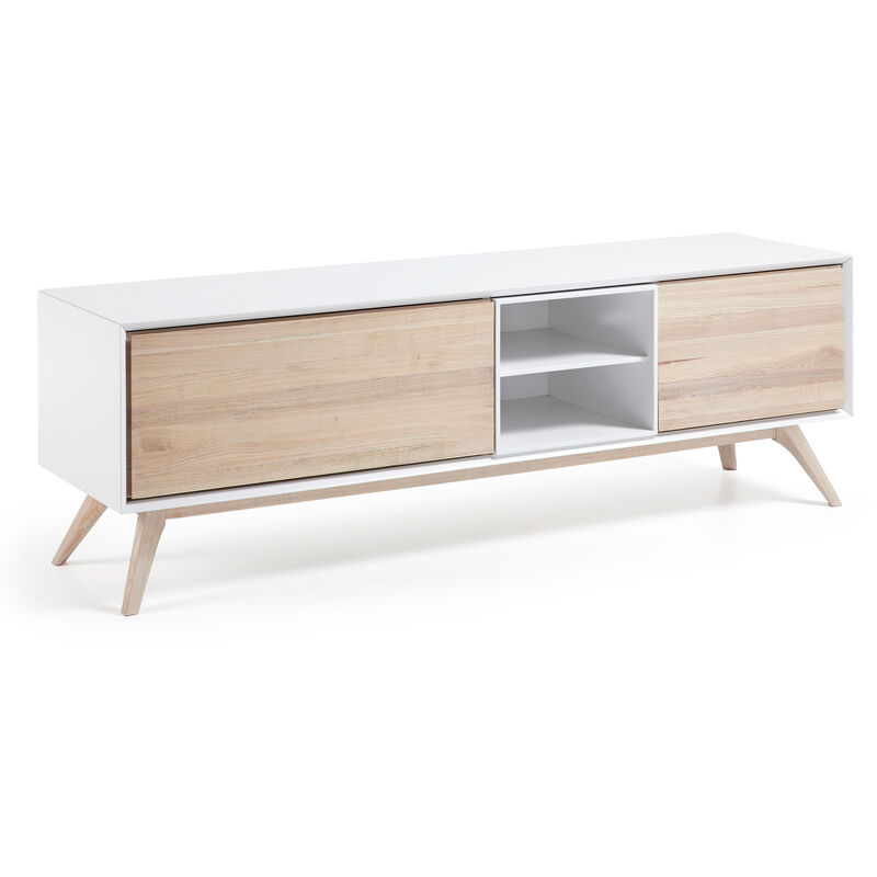 

Mueble de TV Eunice blanco 174 x 53 cm con 2 puertas de madera con patas de madera maciza de fresno - Kave Home