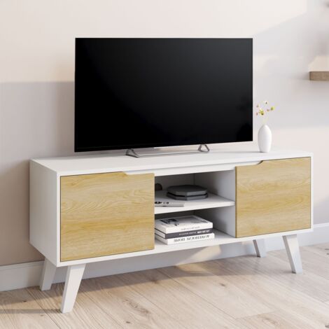 Mueble TV FINN blanco 110 cm con 2 puertas efecto haya