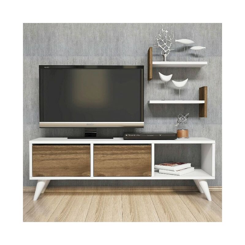 

Mueble TV Foxy Moderno - con Puertas, Estantes, Compartimientos - para Salon - Nogal, Blanco en Madera, 120 x 30 x 40 cm