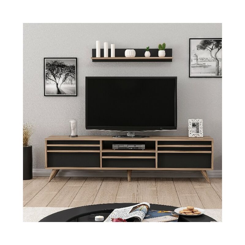 

Mueble TV Hira Moderno - con Puertas, Estante, Compartimientos - para Salon - Nogal, Negro en Madera, 180 x 35 x 48 cm