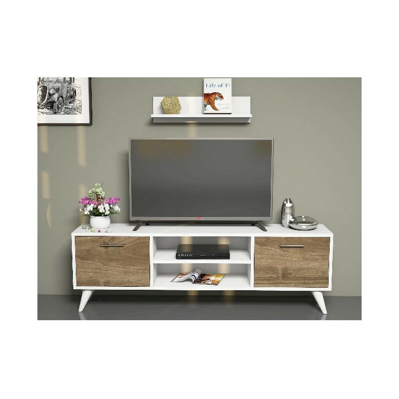 

Homemania - Mueble TV Horus Moderno - con Puertas, Estante, Compartimientos - para Salon - Blanco, Nogal en Madera, 120 x 30 x 48,2 cm