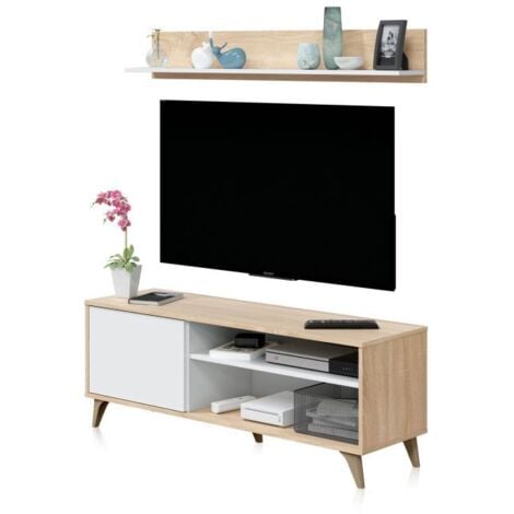 Mueble Tv Kikua Plus 135 cm con estante color Roble y Blanco Salón Comedor