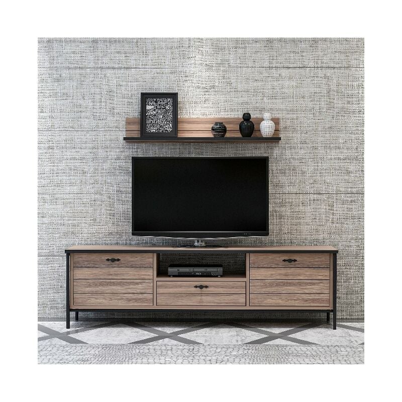 

Mueble TV Lace Moderno - con Puertas, Compartimientos, Cajon, Estante - para Salon - Negro en Madera, 150 x 35 x 44 cm