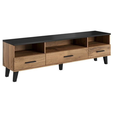 Mueble TV Larfloi 109, Roble wotan + Negro, Número de puertas: 0, Número de cajones: 3, 180x53x40cm