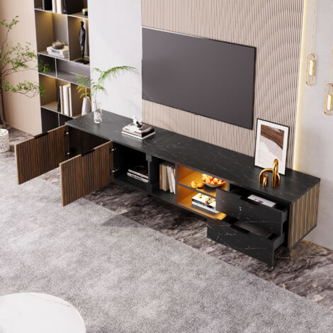 Mueble TV LED de 200 x 38 x 50 cm con 2 cajones y 2 puertas, apto para TV de 50 pulgadas, decoración dorada, sin tiradores, TV muebles, MDF, negro
