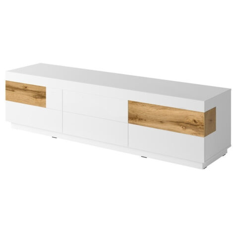 Mueble TV Livlore 102, Blanco + Blanco brillante + Roble wotan, Número de puertas: 0, Número de cajones: 0, 206x54x51cm
