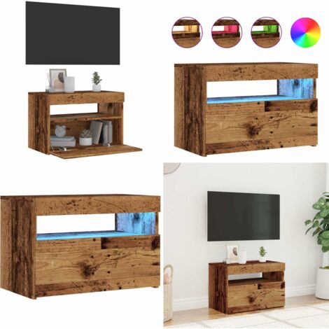 Mueble TV luces LED madera ingeniería envejecida 60x35x40 cm - Luz led rgb - Madera envejecida