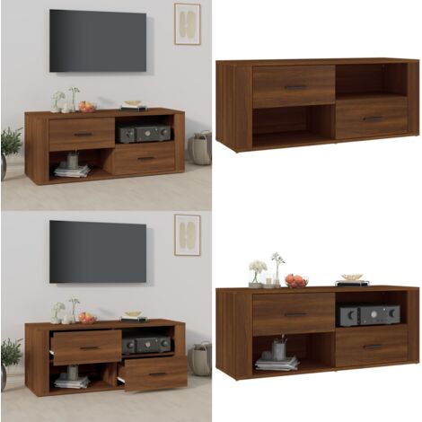 Mueble TV madera contrachapada color marrón roble 100x35x40 cm - Madera contrachapada - Mueble de almacenamiento