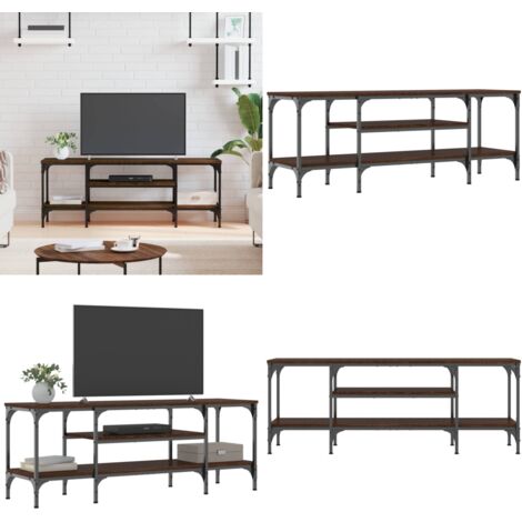 Mueble TV madera ingeniería y hierro marrón roble 121x35x45 cm - Madera contrachapada - Armario de TV