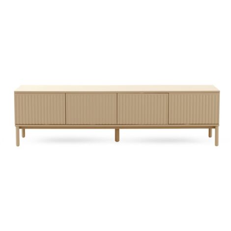 Mueble tv mdf color beige arena, ranuras acanaladas en puertas y laterales con patas de madera maciza