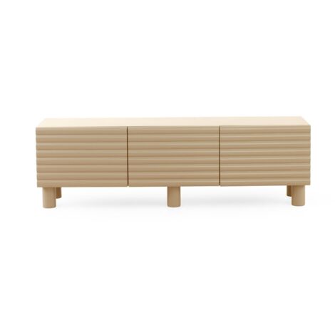 Mueble tv mdf color beige arena, relieve ondulado en las puertas con patas de madera maciza.