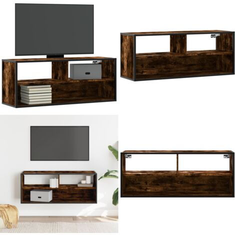 Mueble TV metal y madera contrachapada roble humo 100x31x39,5cm - Mueble de pared - Armario multimedia
