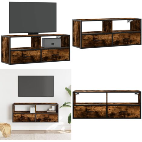 Mueble TV metal y madera contrachapada roble humo 100x31x39,5cm - Mueble de pared - Armario multimedia