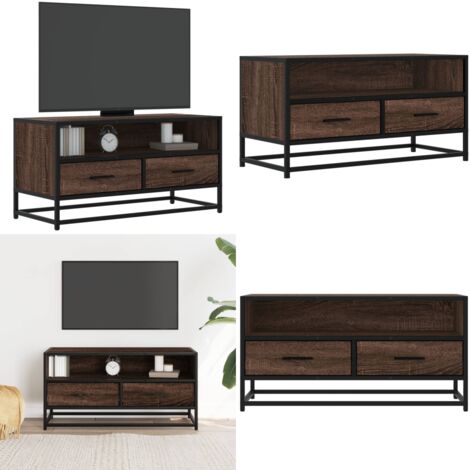 Mueble TV metal y madera ingeniería marrón roble 80x34,5x40 cm - Almacenamiento - Madera de ingeniería