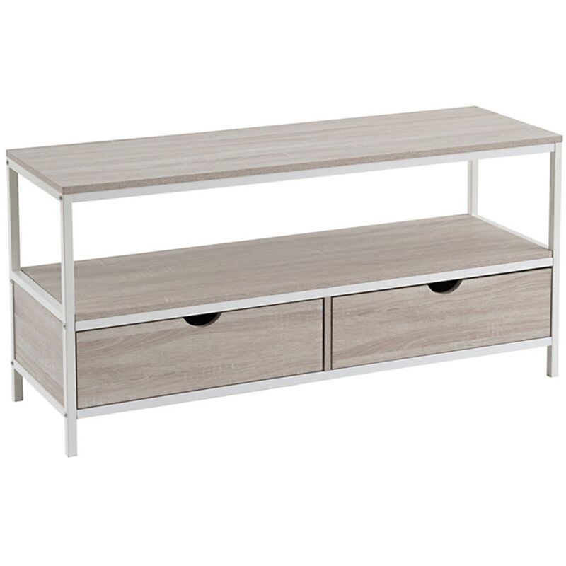 

Mueble TV nórdico de acero y madera MDF en blanco y naturalde 2 cajones, de 120x39x57 cm