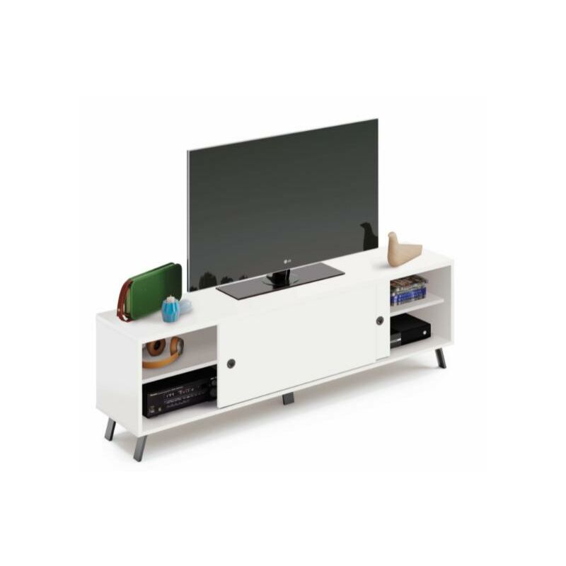 

Mesa TV Blanca Estilo Moderna 2 Puertas correderas 1 Estante salón Comedor Kamet Mueble 52x160x40 cm