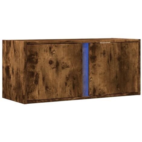 Mueble TV multimedia estante para televisión buffet para televisión comedor salón dormitorio suspendido con luces LED roble ahumado 80 x 31 x 35 cm marrón 020027993