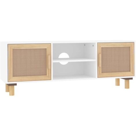Mueble TV multimedia estantería para televisión buffet para televisión comedor salón dormitorio 105 x 30 x 40 cm madera maciza de pino y ratán blanco natural 020025662