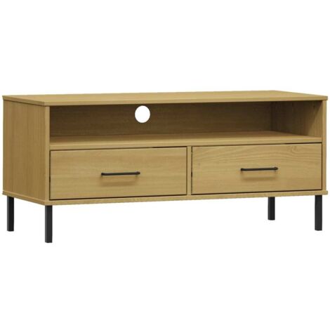 Mueble TV multimedia estantería para televisión buffet para televisión comedor salón dormitorio con patas de metal madera maciza de pino marrón 020026870