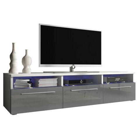 Mueble TV Nashville 100, Blanco + Gris brillante, Número de puertas: 3, Número de cajones: 0, 150x35x46cm, LED