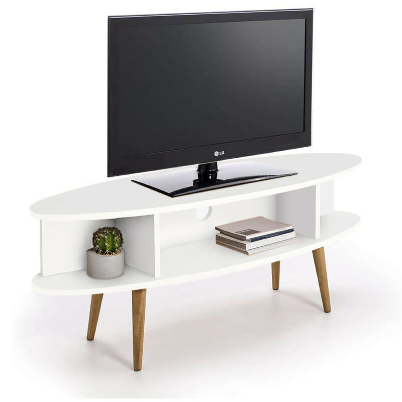 

Mueble tv ovalado diseno vintage con estantes, acabado madera DM lacado blanco y patas madera maciza natural.