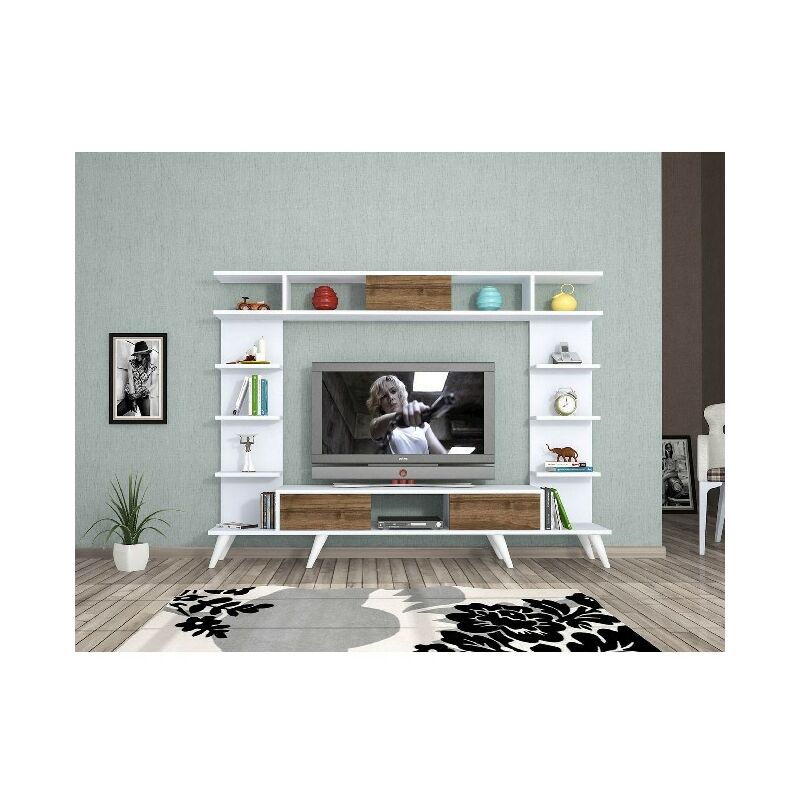 

Mueble TV Pan Moderno de Pared - con Puertas, Compartimientos - para Salon - Blanco, Roble en Madera, 180 x 35 x 135 cm