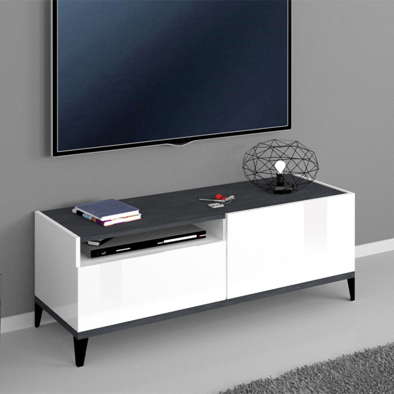 

Mueble TV para salón 120x40 cm Compartimento cajonera blanco pizarra brillante Gerald