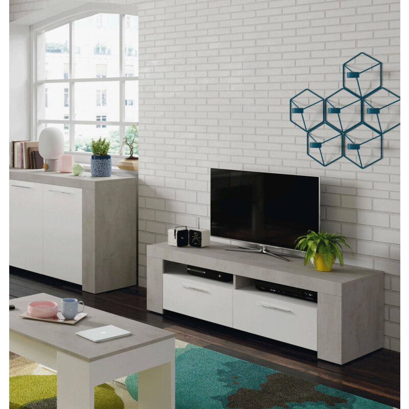 

Mueble TV para salón con dos puertas batientes y dos pequeños compartimentos, color cemento con inserciones en blanco artik, 120 x 40 x 42 cm.
