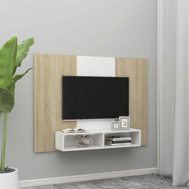

Mueble TV pared aglomerado blanco y roble Sonoma 135x23,5x90 cm