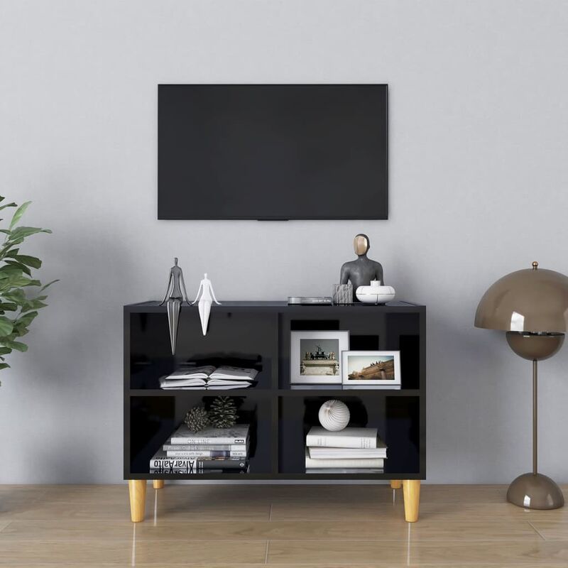 

Mueble TV patas de madera maciza negro brillante 69,5x30x50 cm
