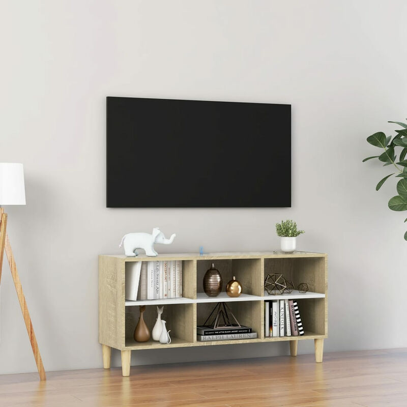 

Happyshopping - Mueble TV patas madera blanca y roble sonoma 103,5x30x50 cm