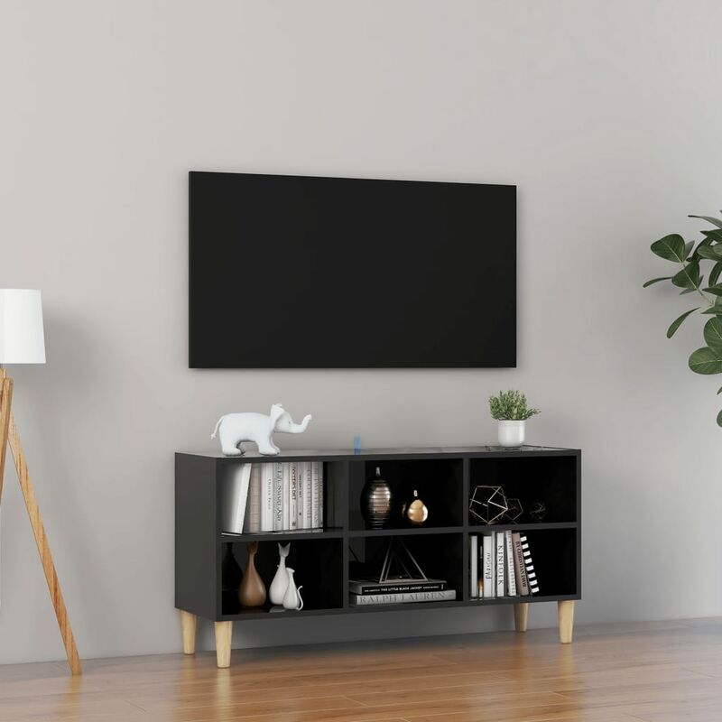 

Mueble TV patas madera maciza negro brillante 103,5x30x50 cm