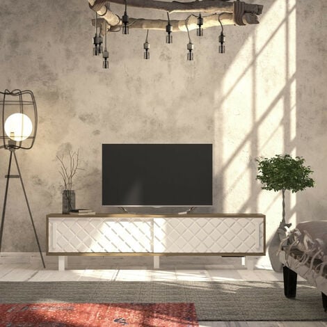 Mueble TV colgante 180 cm KEONI, estilo nórdico minimalista color blanco y  roble nodi. 180x28x34,5 cm.