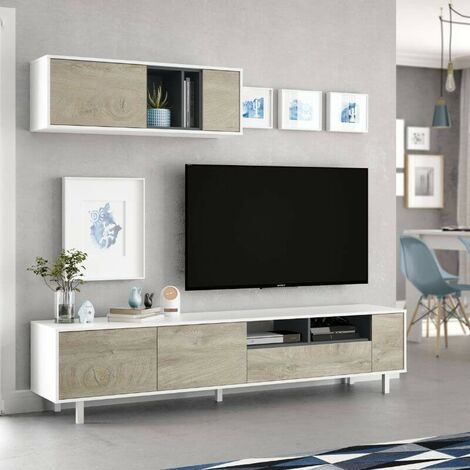 Mueble Tv salón 2 módulos comedor alaska moderno color blanco roble y gris 47x200x40 cm