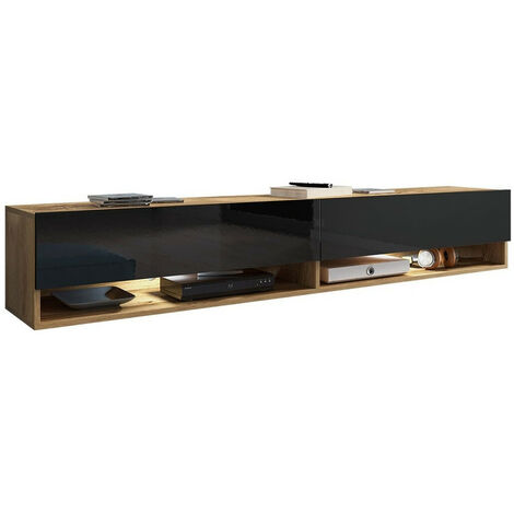 Mueble TV Sarasota 119, Roble wotan + Negro brillante, Número de puertas: 2, Número de cajones: 0, 180x30x33cm, LED