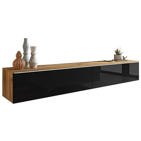 Mueble TV Sarasota 121, Roble wotan + Negro brillante, Número de puertas: 2, Número de cajones: 0, 180x30x33cm, LED