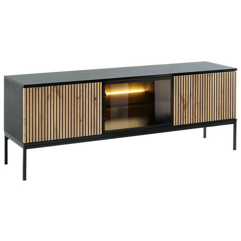 Mueble TV Soferi 111, Negro + Roble wotan, Número de puertas: 3, Número de cajones: 0, 154x56x39cm, LED