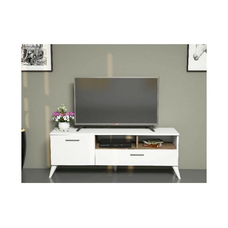 

Mueble TV Sun Moderno - con Puertas, Compartimientos - para Salon - Nogal, Blanco en Madera, 120 x 31,7 x 48,6 cm