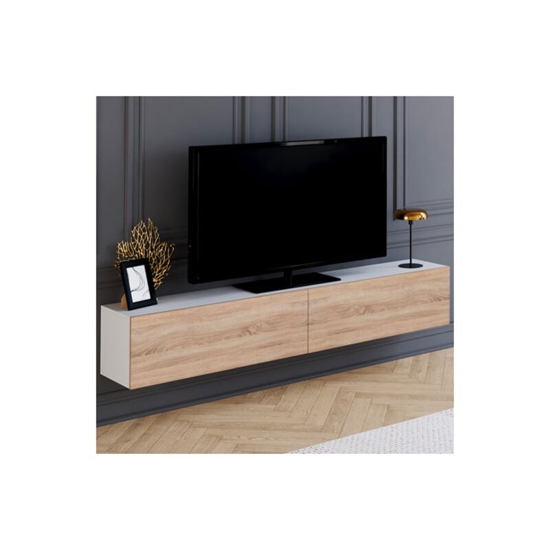 Idmarket - Mueble tv suspendido elio 2 puertas blanco y madera 180 cm