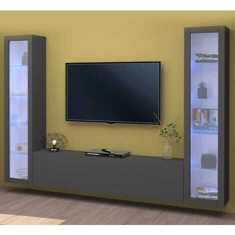 Mueble de salón, mueble TV con muebles altos, salón moderno con efecto  mármol de Carrara, 240x50xh196 cm, color blanco y antracita