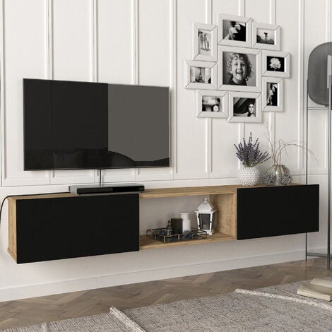 Mueble tv suspendido 2 abatibles y 2 estantes - l180 cm marrón